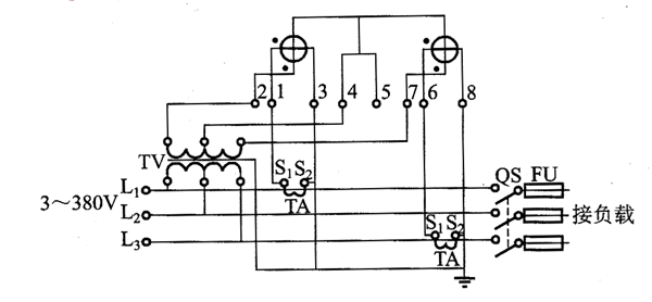 DS型三相三線有功電能表配電壓互感器、電流互感器接線原理圖